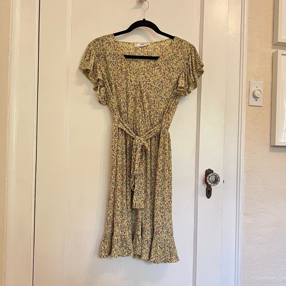 Mango Floral Midi Dress in Cream and Green